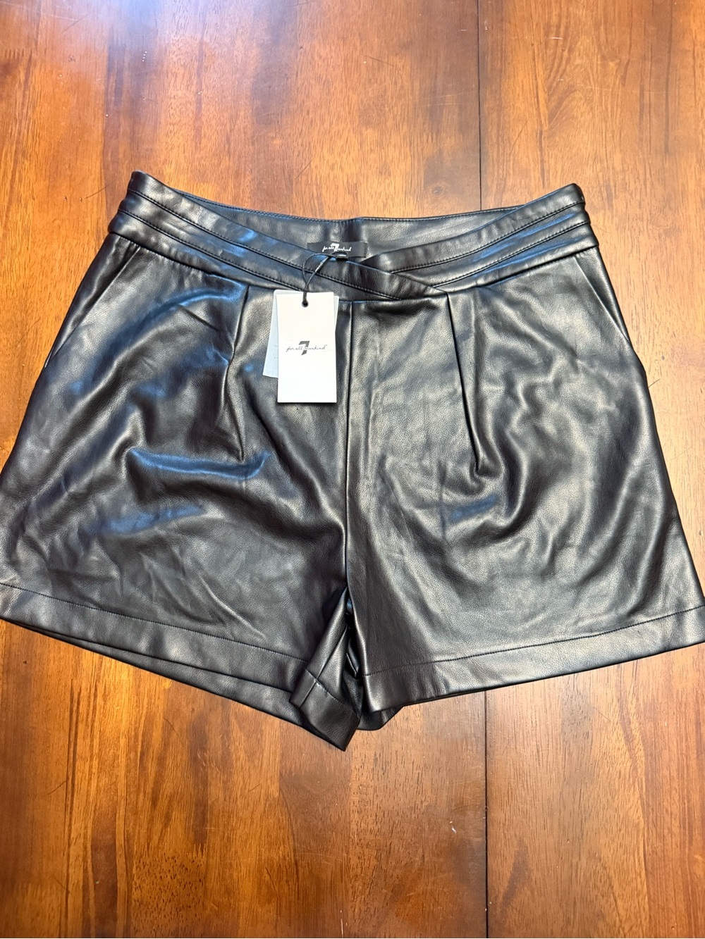 NWT 7 For All Mankind Black Faux Leather Pleated Shorts
